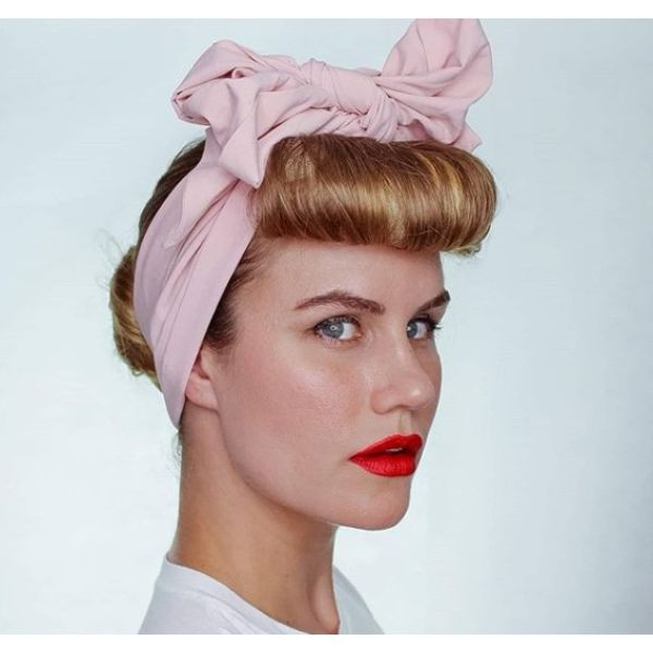  Vintage Updo for Medium Hair with Headscarf and Bumper Bangs