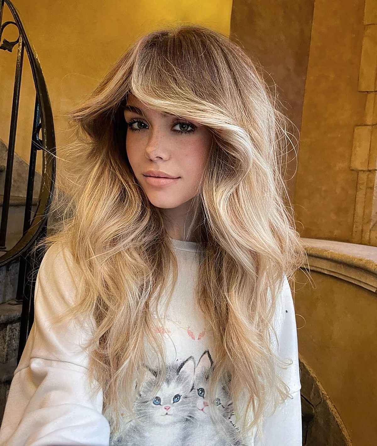 Voluminous Curtain Bangs for Long Tousled Hair