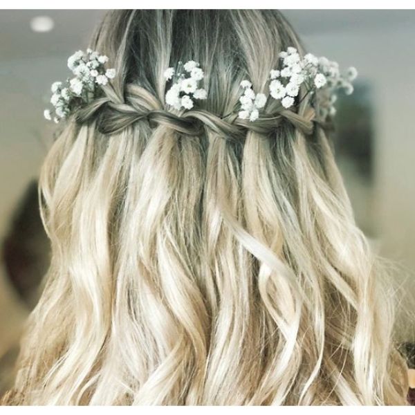 Waterfall Braid Bridal Updo with Flowers