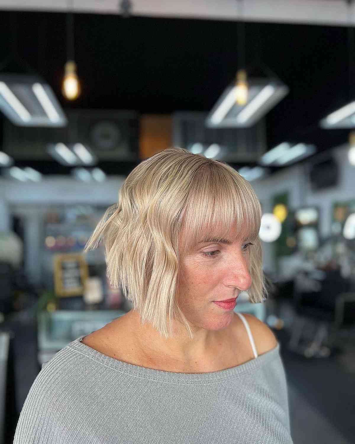 Wavy Chin-Length Blunt Bob with Straight Bangs