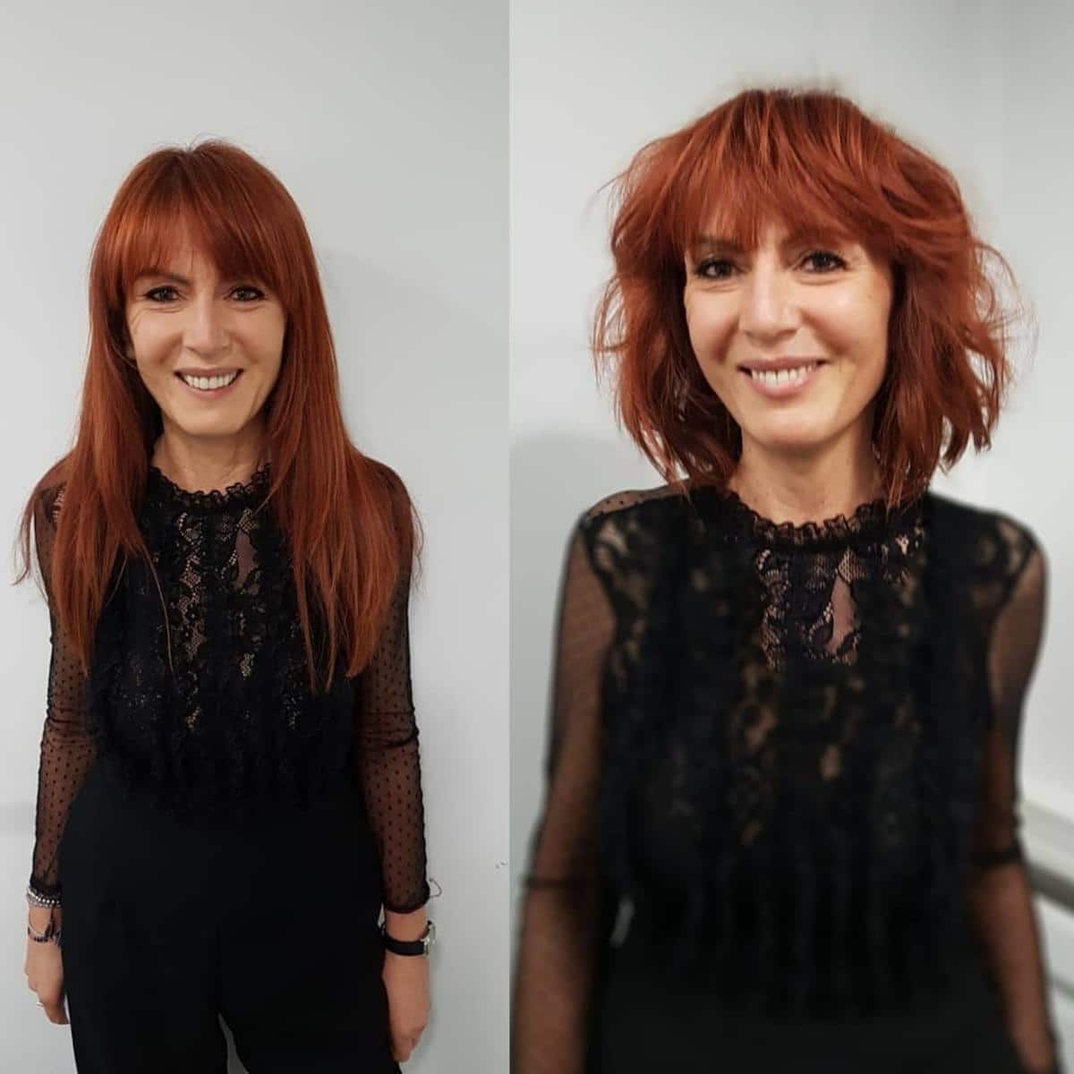 Squared medium length hairstyle with choppy bangs