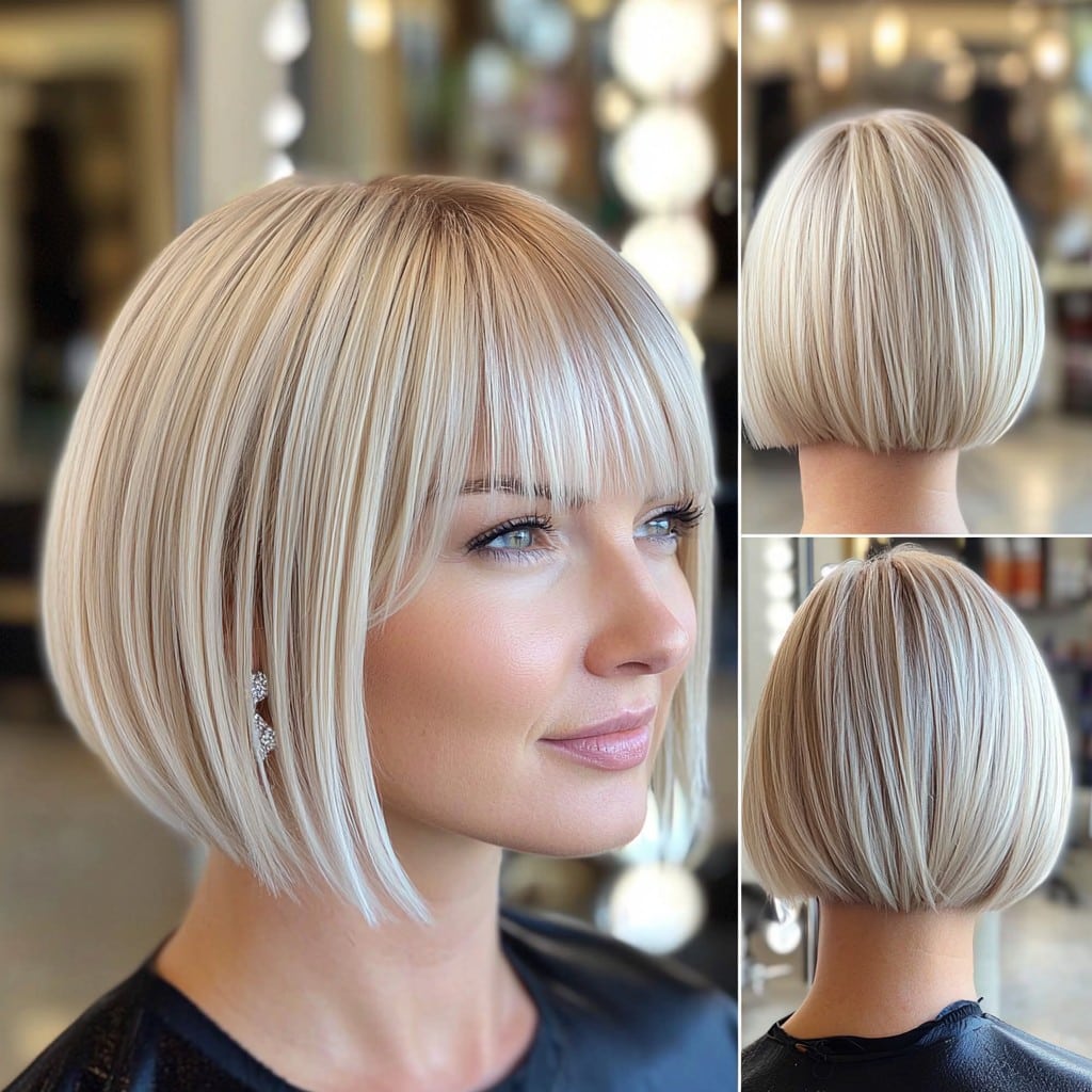 Platinum blonde bob with soft bangs