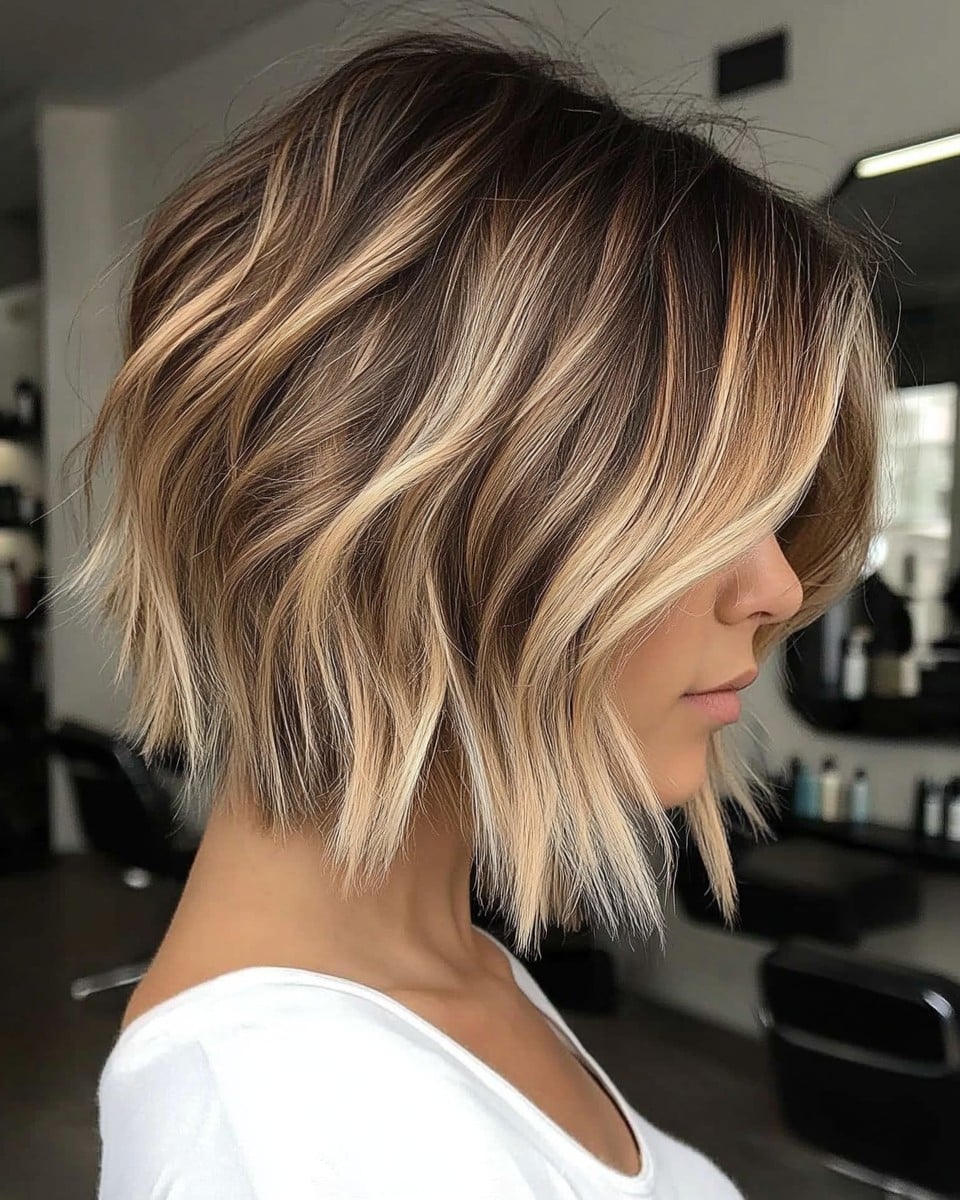 Caramel Blonde Balayage on Layered Bob