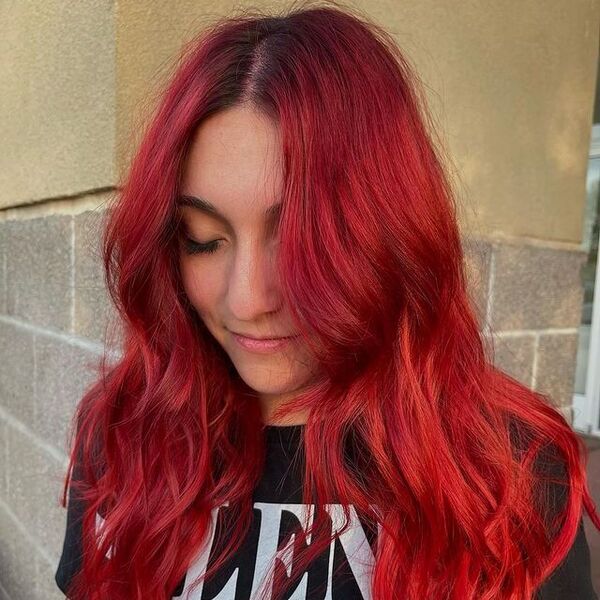 a girl wearing printed black shirt - dark red hair