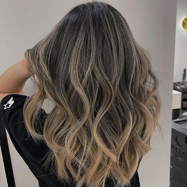 Air Touch Ash Balayage - a woman wearing a black shirt