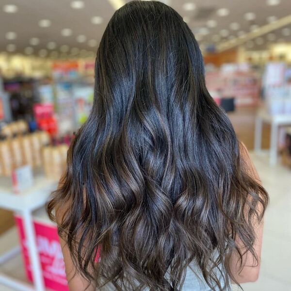 Ashy Brown Tone Balayage - a woman wearing pastel blue tank top.