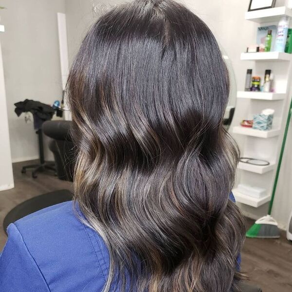 Black-haired Balayage - a woman wearing blue violet denim jacket.