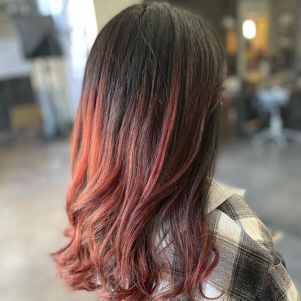 Black to Red Brown Balayage - a woman wearing checkered polo.