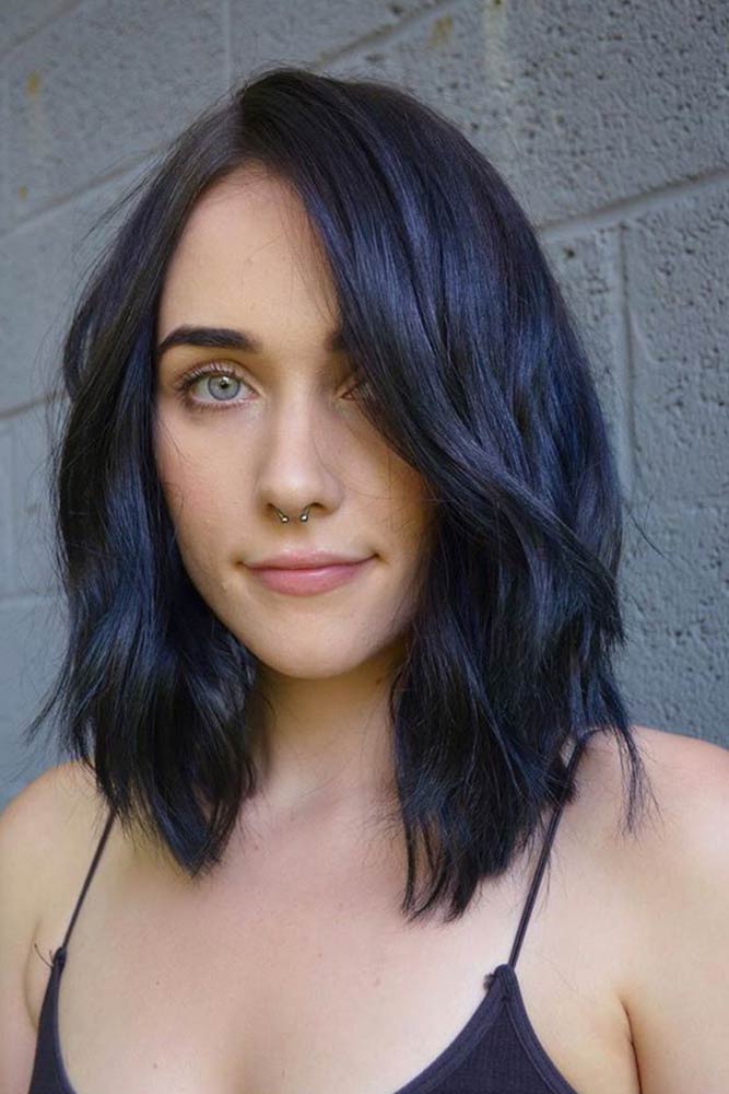 Blue Black Layered Lob #hairstyles #haircuts