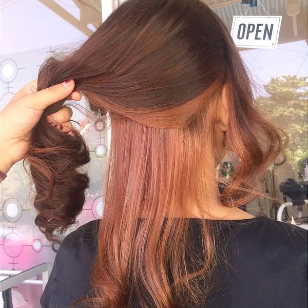 brown peekaboo hair - a girl wearing black shirt with someone holding her hair