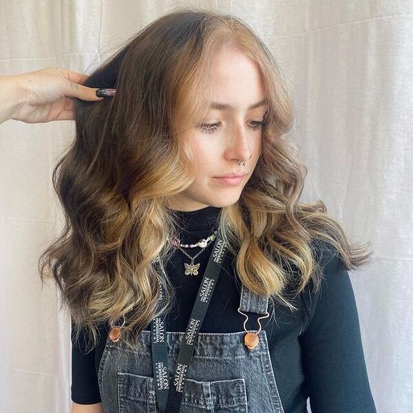 brown peekaboo hair - a girl wearing denim jumper