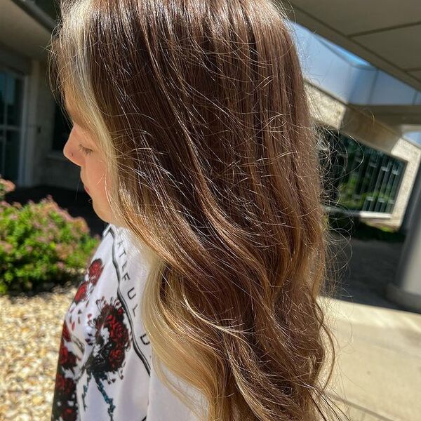 brown peekaboo hair - a girl wearing printed white shirt