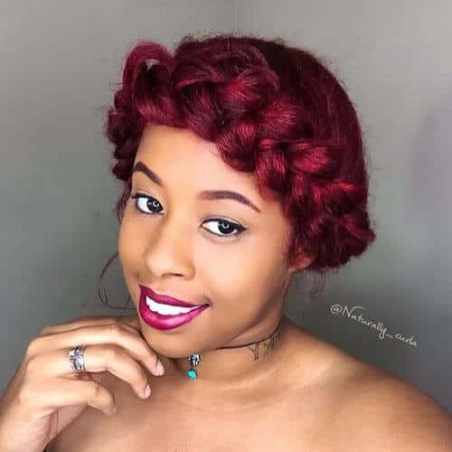 burgundy hair braided updo 