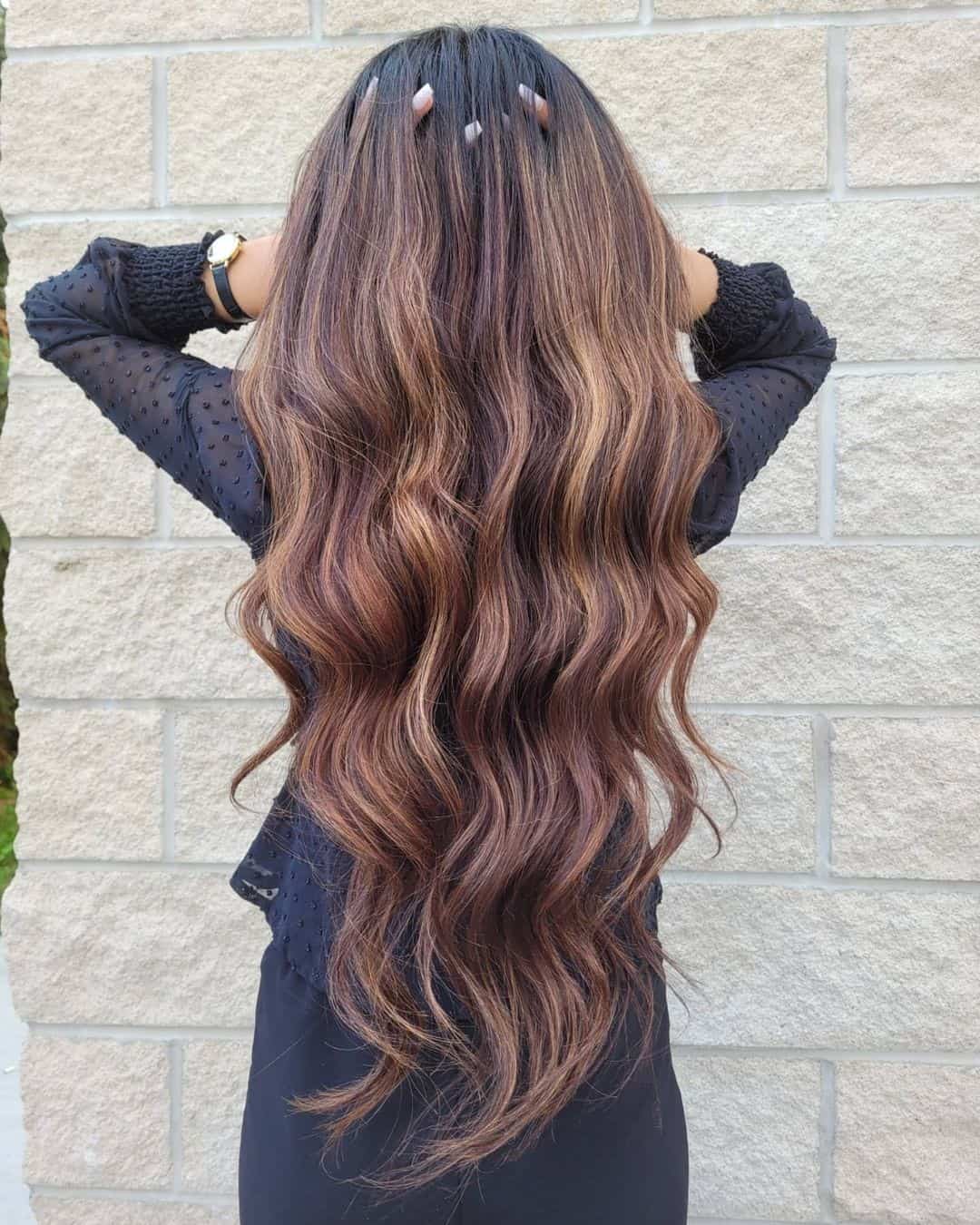 Caramel Highlights On Black Hair Long Natural Look 