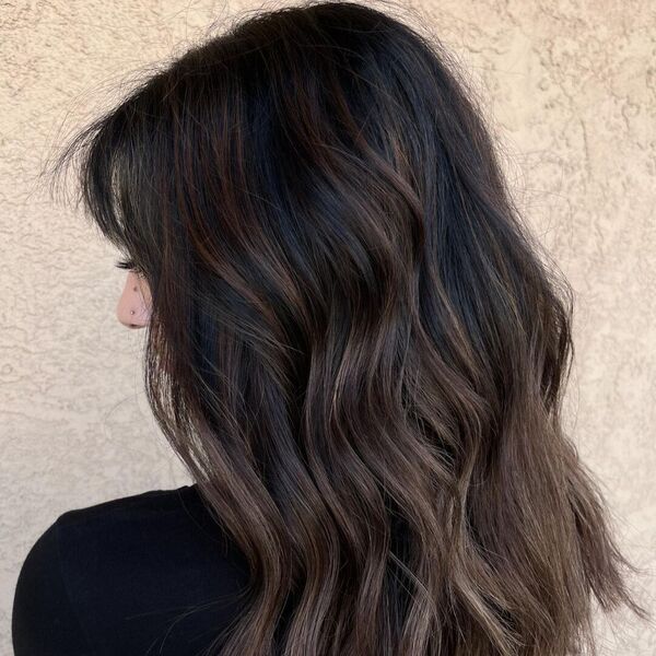 Chocolate Balayage on Medium Hair - a woman wearing black top.