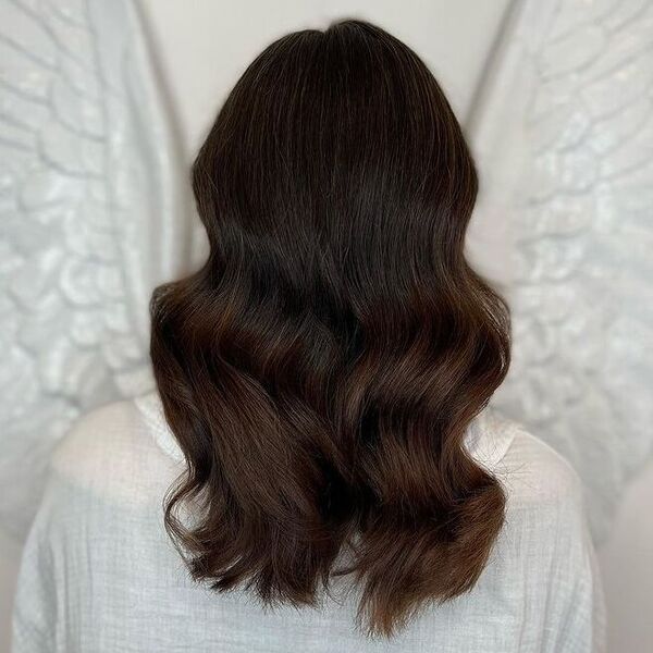 Color Melt Dark Balayage - a woman wearing white comfy top.