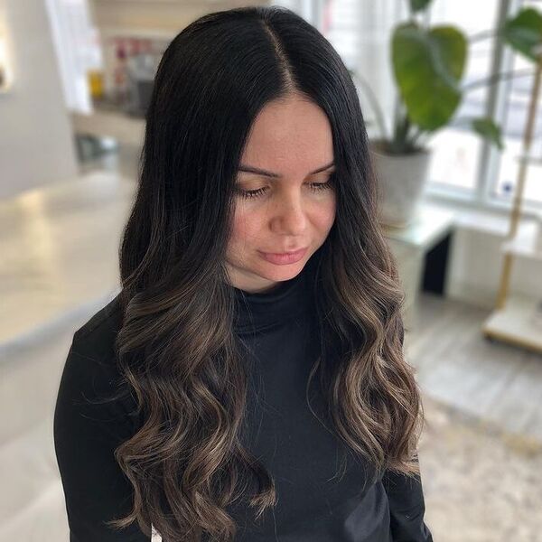 Dimensional Brunette Balayage - a woman wearing black turtle neck.