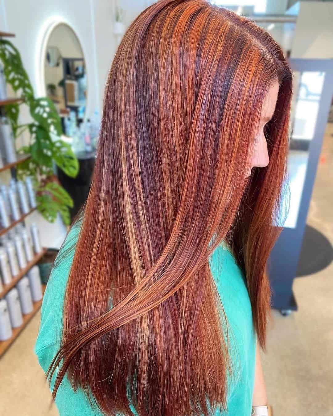 Fiery Copper Highlights On Brown Hair Straight Look 