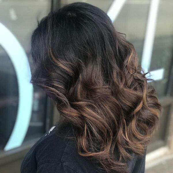 Hot Chocolate Bomb Balayage - a woman wearing black shirt.