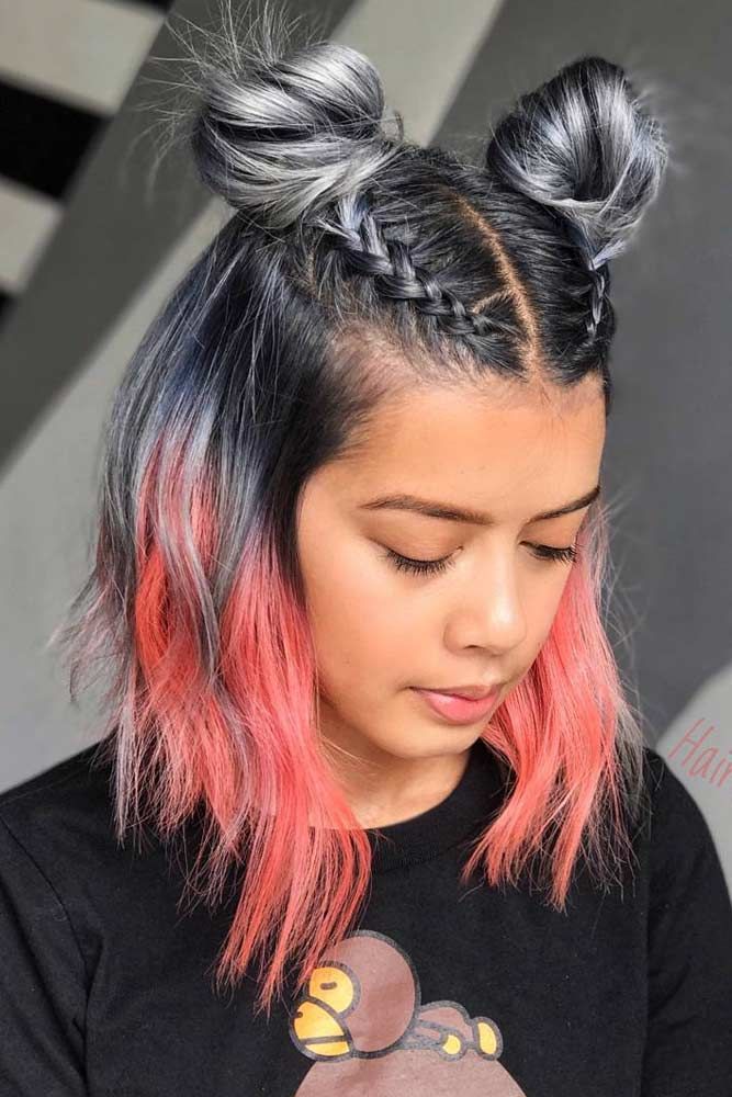 Layered Medium Length Hair With Space Buns Red #mediumhair #mediumhairstyles