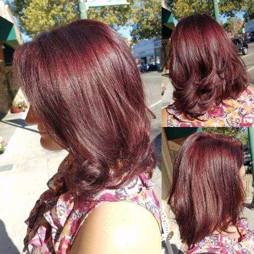 lob haircut on burgundy hair 