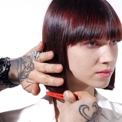 lob haircut on red burgundy hair