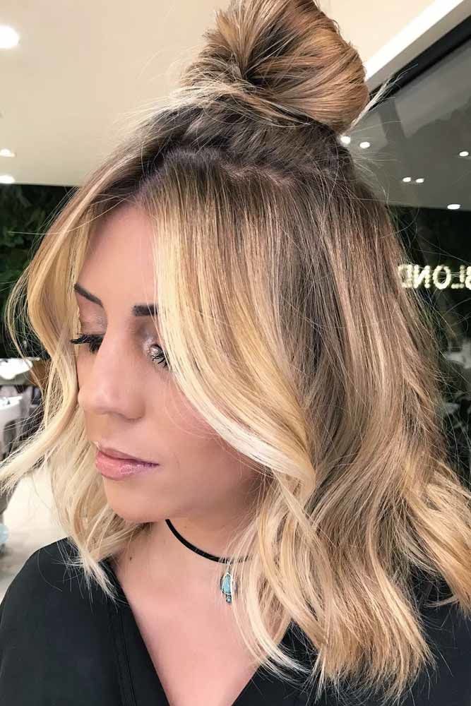 Medium Length Hairstyles With Top Knot Blonde #mediumhair #mediumhairstyles