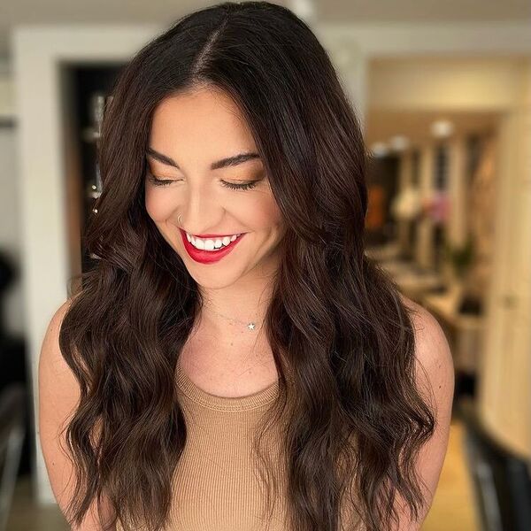 Middle Part Dark Balayage - a woman wearing brown tank top.