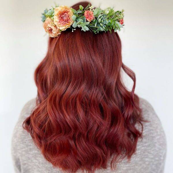 Red Copper Melt with Brown Tints - a woman wearing light gray long sleeves with flower crown.