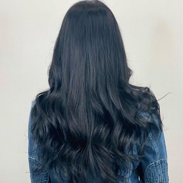 Root Touched Up Black Blue Hair - a woman wearing a denim jacket