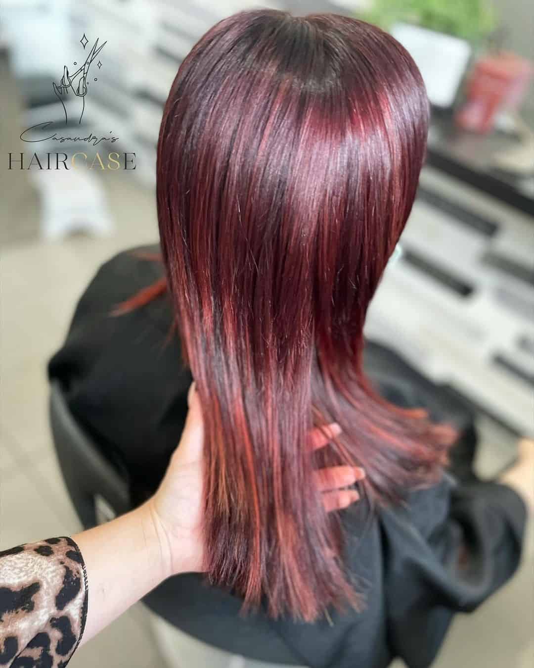 Shiny & Straight Red Highlights On Black Hair Style 
