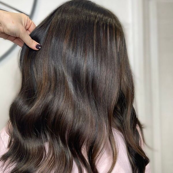 Shiny Brunette Balayage - a woman wearing light pink jacket.