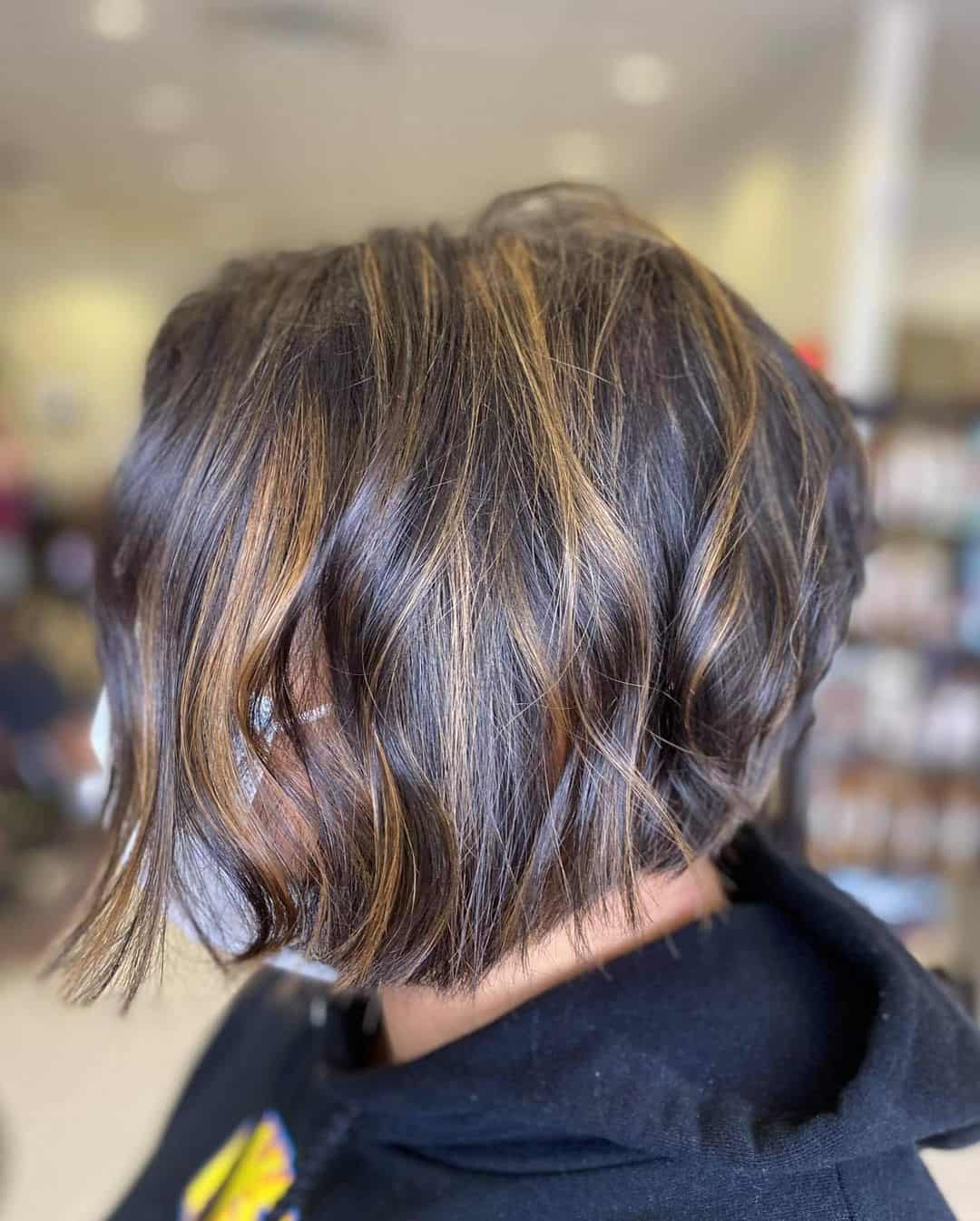 Short Lob Caramel Highlights On Black Hair