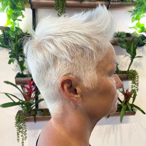 Spiky Pixie with White Platinum Blonde - an old woman with long eyelash