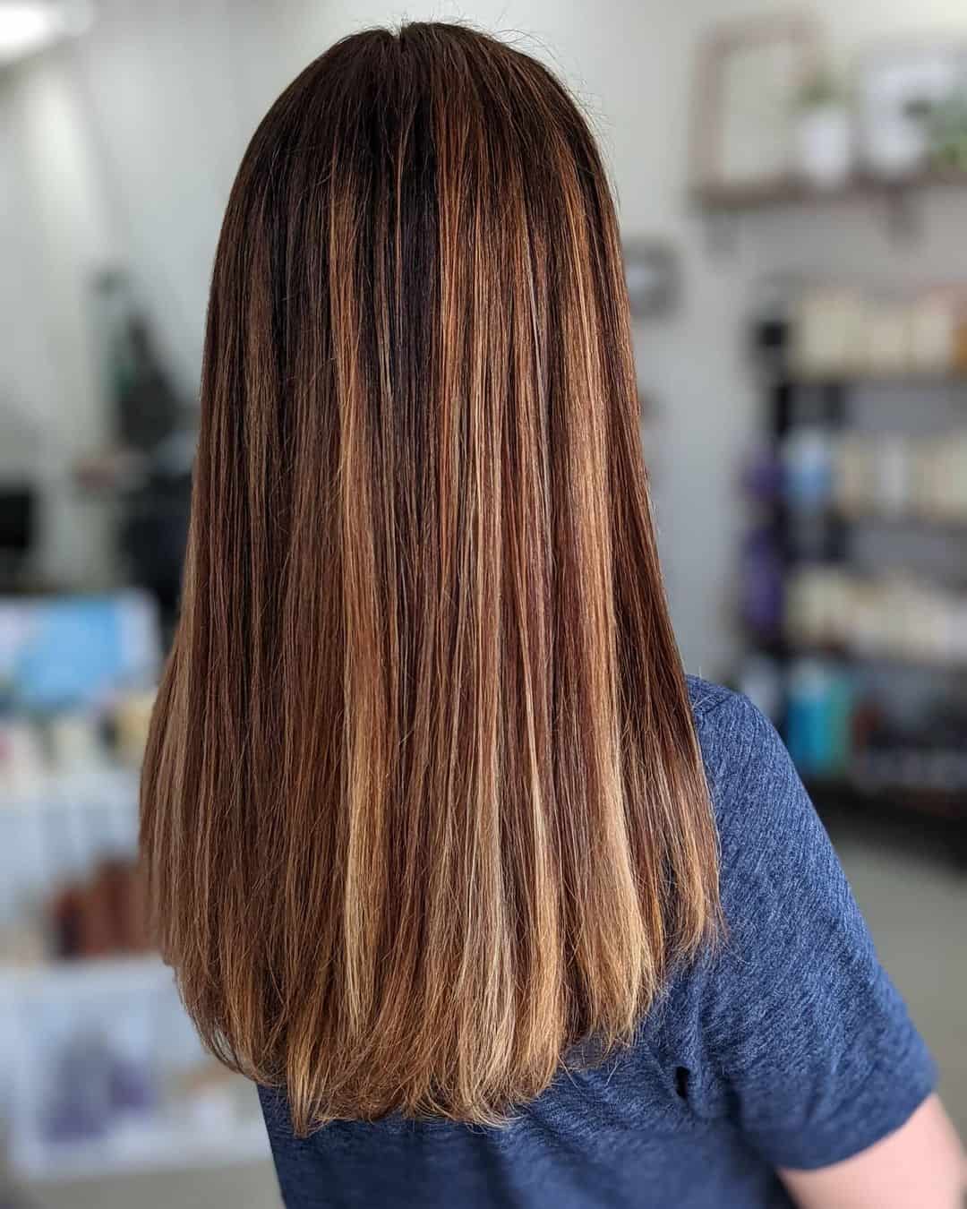 Straight & Sleek Copper Highlights On Brown Hair