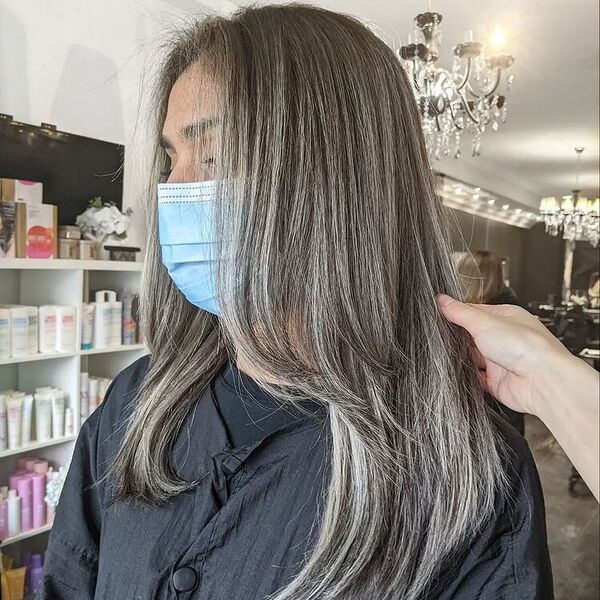 Straight Blends of Ash Balayage Highlights - a woman wearing blue facemask