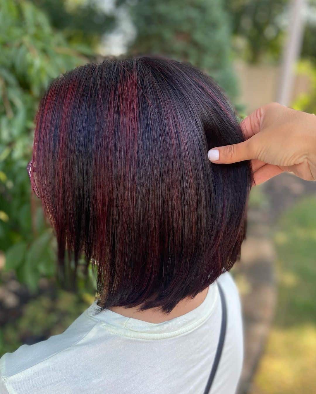 Super Short Bob Red Highlights On Black Hair