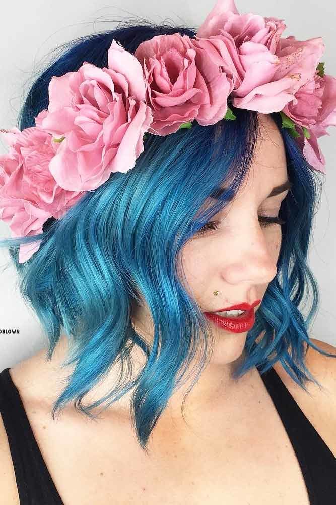 trendy-medium-length-hairstyles-for-thick-hair-mermaid-blue-bob-wavy-flowers