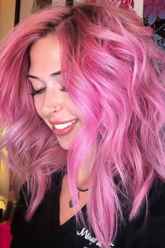 trendy-medium-length-hairstyles-for-thick-hair-pink-messy-wavy-layered
