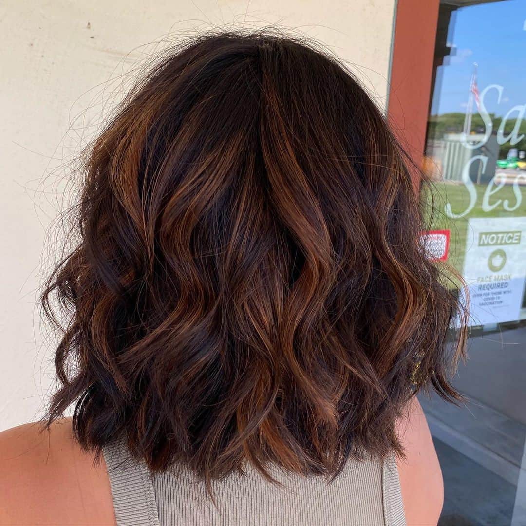 Wavy Light Copper Highlights On Dark Brown Hair