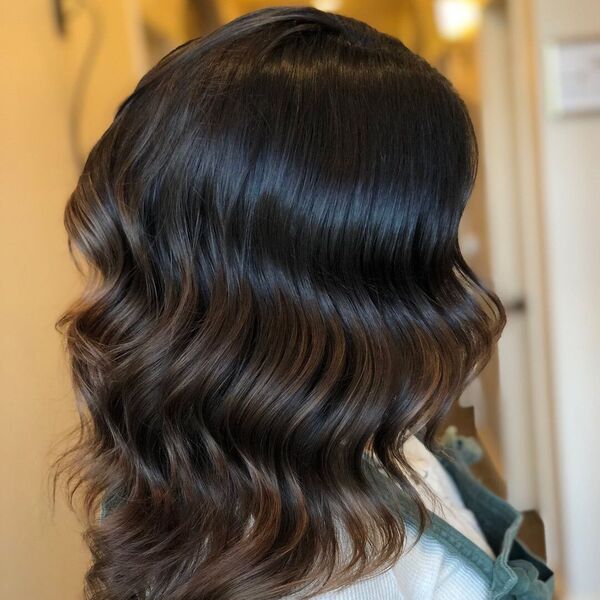 Weave Deep Brunette Balayage -a woman wearing white top with jumper.