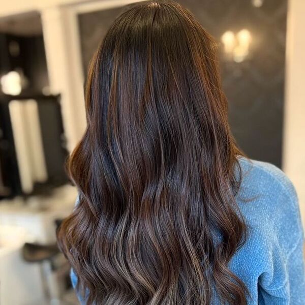 Well-blended Coffee Caramel Balayage on Dark Hair - a woman wearing blue sweater.