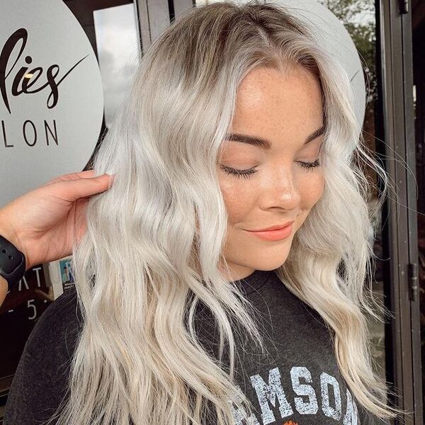 White Blonde Hair with Dark Roots - a woman wearing a gray printed shirt