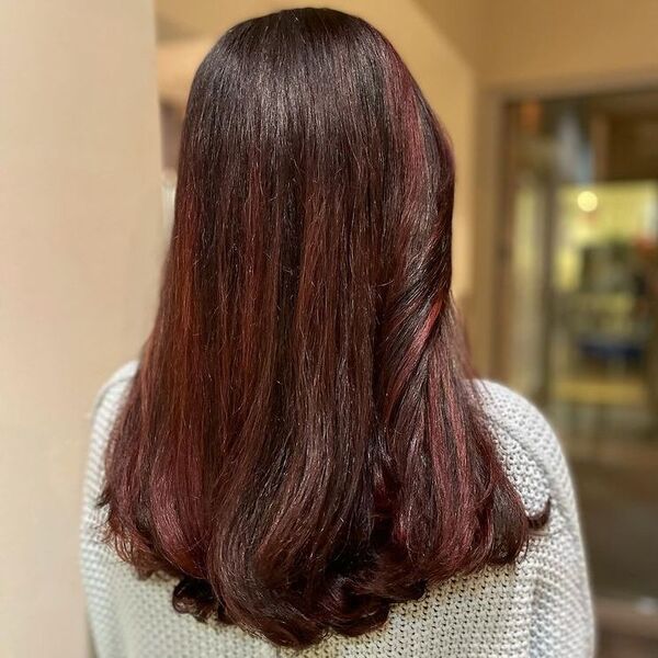 Wine Red Brown Root Smudge with U-shape Cut - a woman wearing white knitted top.