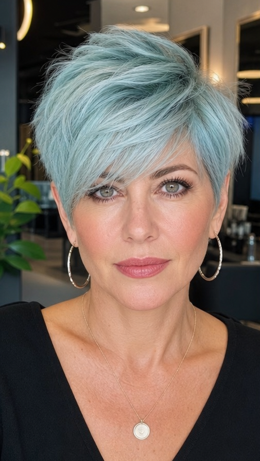 ### Icy Glacier Blue Hair Fresh, sophisticated, and beautifully modern, **Icy Glacier Blue Hair** blends frosty platinum with delicate glacier-blue undertones for a luminous, multidimensional finish. The feathered long pixie layers create soft volume and effortless movement, while the cool pastel hue enhances every strand with a crisp, airy glow. This elegant icy shade offers the perfect balance of bold style and refined beauty, making it an ideal choice for women who love contemporary fashion colors with a polished, salon-fresh finish. 