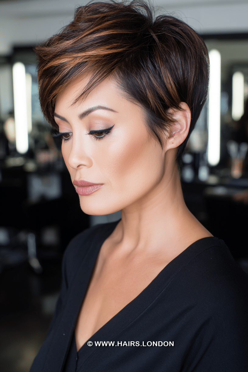 Chestnut Caramel Highlighted Pixie Hair