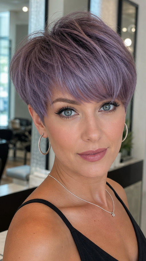 97 Edgy Short Pixie Cuts for Women Smoky Lavender Pearl Hair