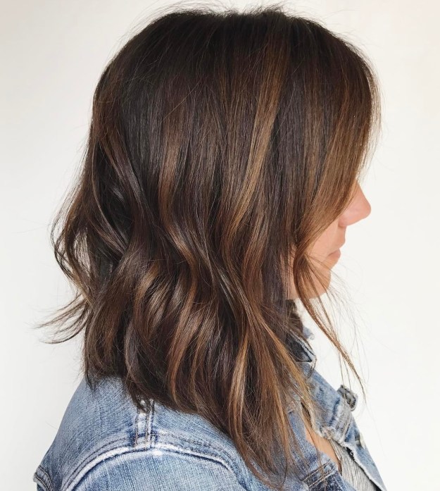 Brunette Lob with Copper Balayage and Waves