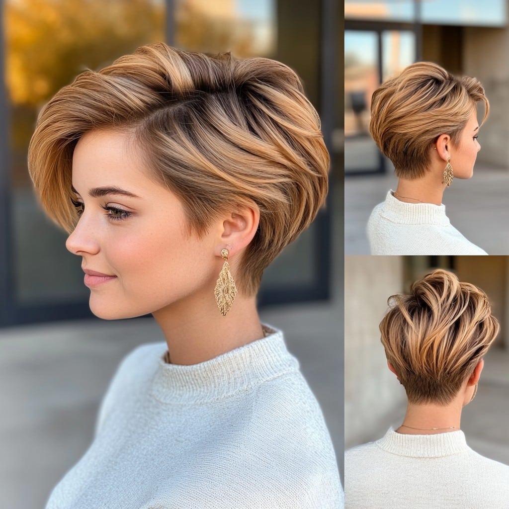 Warm Caramel Blonde Pixie Cut