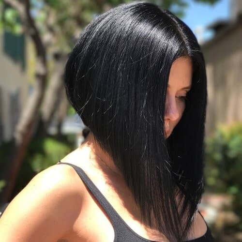 a woman wearing a black sleeveless has a inverted a-bob hair